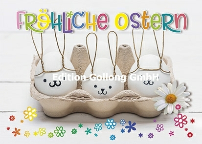 "Fröhliche Ostern" Postkarte mit Hasen im Eierkarton