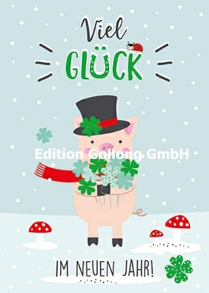 "Viel Glück im Neuen Jahr!" Postkarte mit Schweinchen